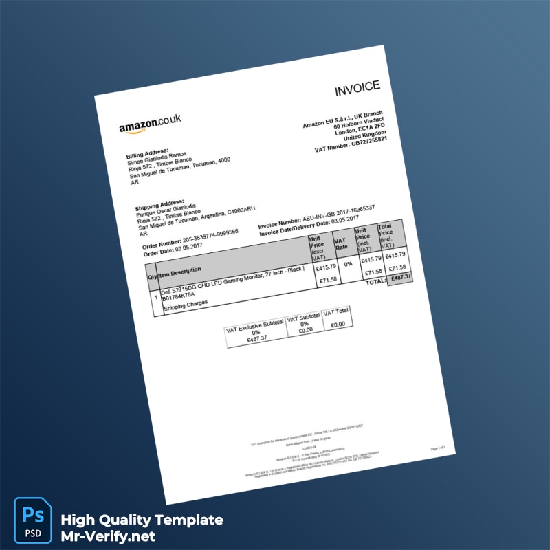 Argentina Amazon EU S à r l Invoice Template in Word and PDF formats Argentina Amazon EU S à r l Invoice Template in Word and PDF formats