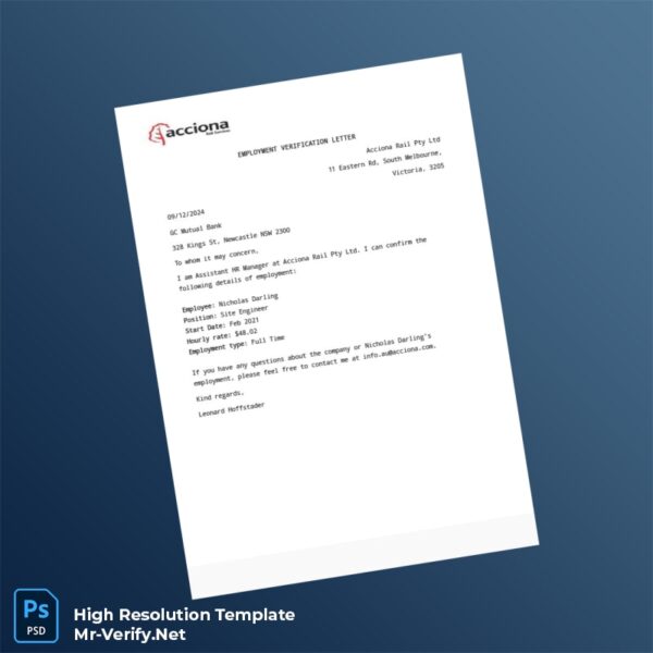 Editable Australia Acciona Rail Pty Ltd Employment Verification Letter Word and Pdf Template Preview - Mac Doc