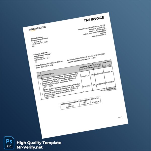 Australia Amazon Commercial Services Tax Invoice Template in Word and PDF formats