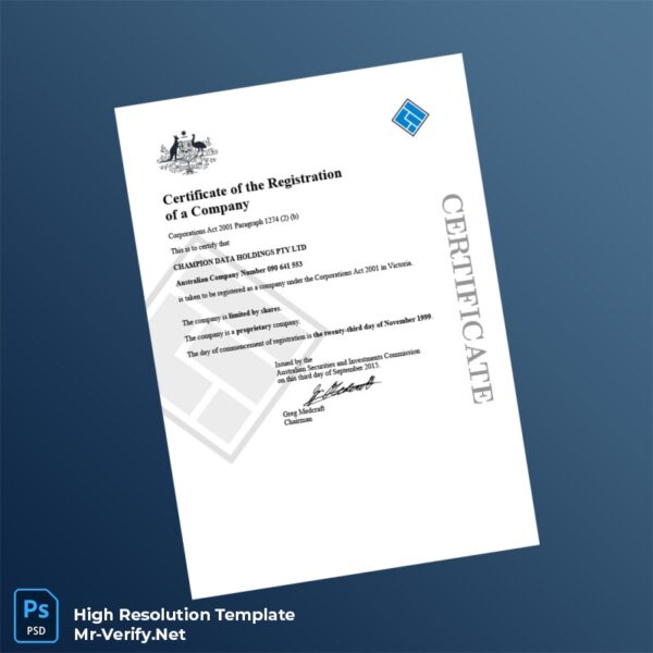 Editable Australia Australian Securities and Investments Commission Company Registration Certificate Word and Pdf Template Preview - Mac Doc