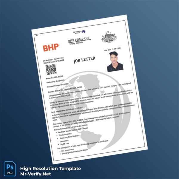 Editable Australia BHP Company Employment Verification Letter Word and Pdf Template Preview - Mac Doc