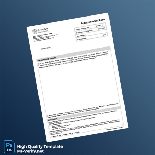 Australia Department of Transport Registration Certificate Template in Word and PDF formats Australia Department of Transport Registration Certificate Template in Word and PDF formats