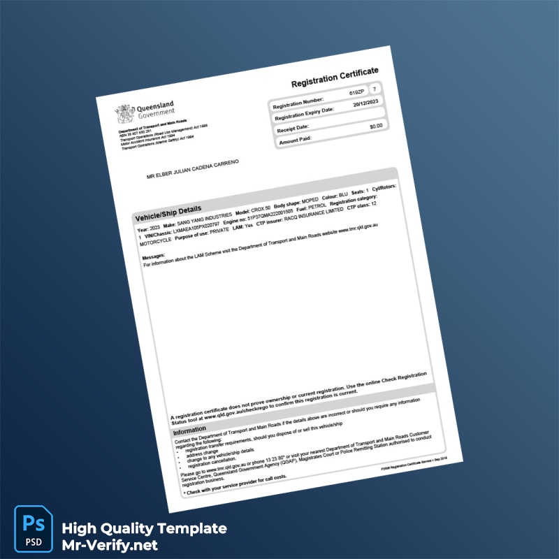 Australia Department of Transport and Main Roads Editable Registration Certificate Template in Word and PDF formats Australia Department of Transport and Main Roads Editable Registration Certificate Template in Word and PDF formats