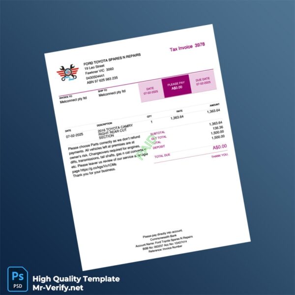 Australia Ford Toyota Spares N Repairs Tax Invoice Template in Word and PDF formats