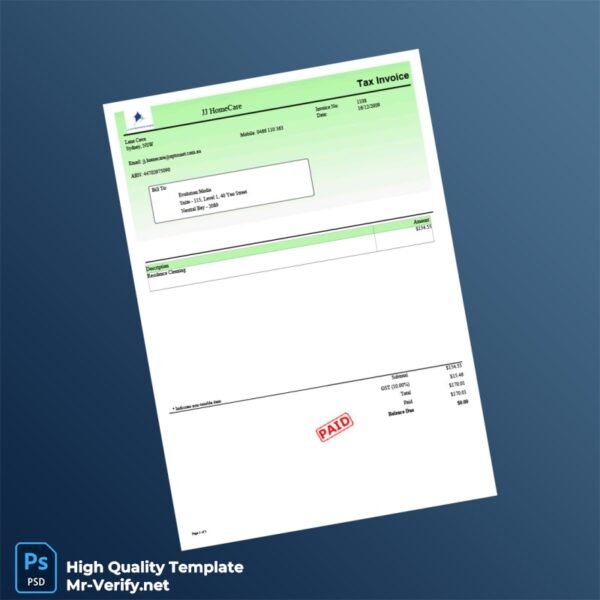 Australia JJ HomeCare Invoice Template in Word and PDF formats
