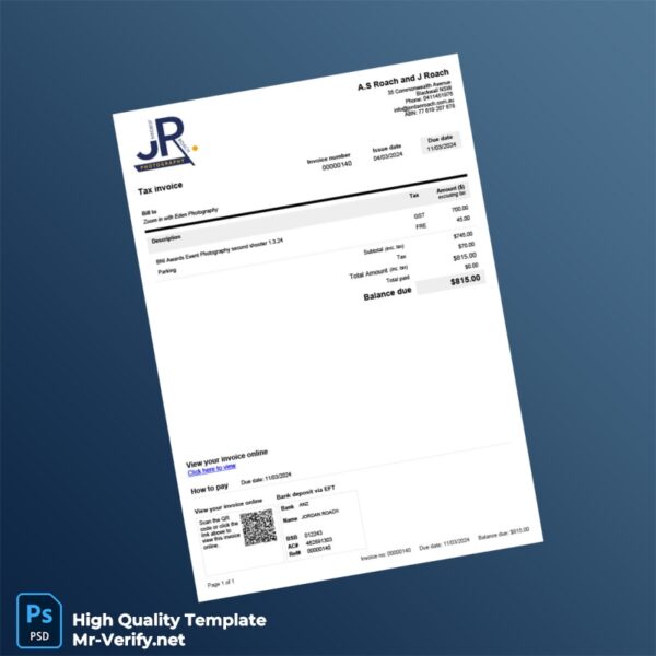 Australia Jordan Roach Photography Tax Invoice Template in Word and PDF formats