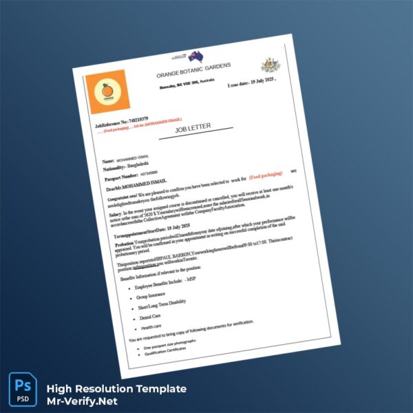 Editable Australia Orange Botanic Gardens Employment Verification Letter Word and Pdf Template Preview - Mac Doc