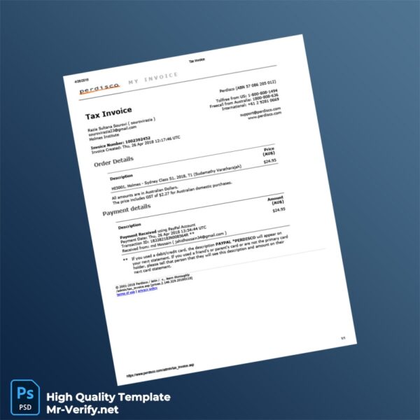 Australia Perdisco Tax Invoice Template in Word and PDF formats