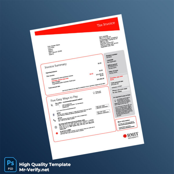 Australia RMIT University Tax Invoice Template in Word and PDF formats