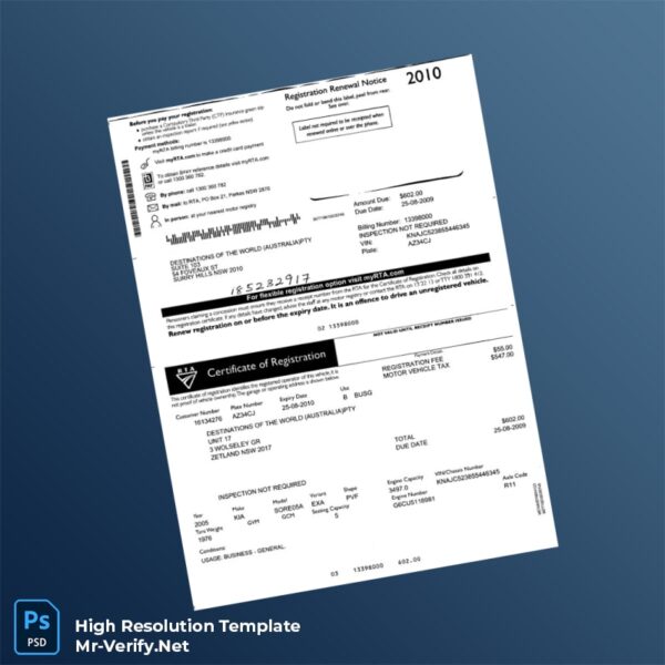 Editable Australia RTA Vehicle Registration Renewal Notice Word and Pdf Template Preview