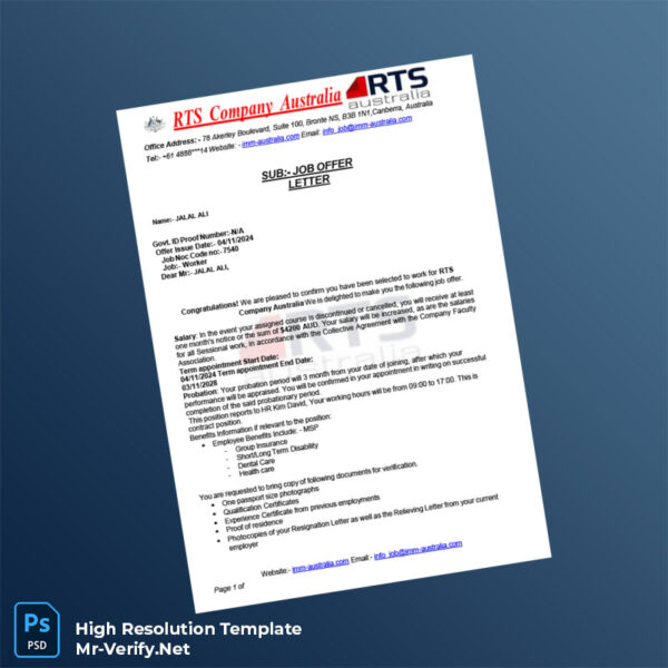 Editable Australia RTS Company Employment Verification Letter Word and Pdf Template Preview - Mac Doc