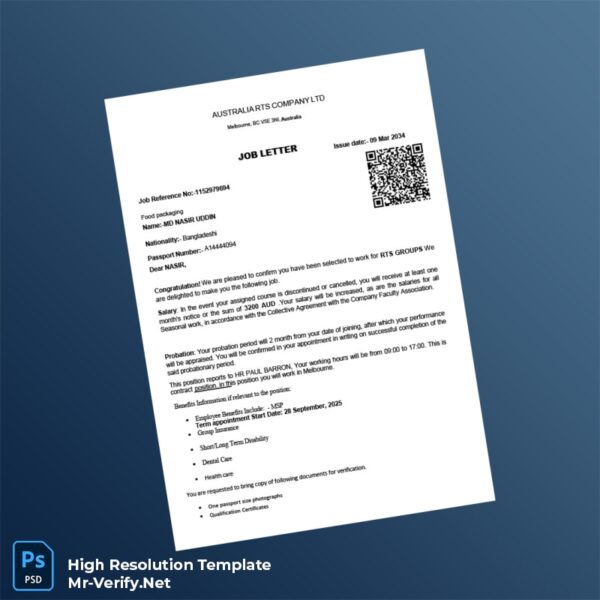 Editable Australia RTS Company Ltd Employment Verification Letter Word and Pdf Template Preview - Mac Doc