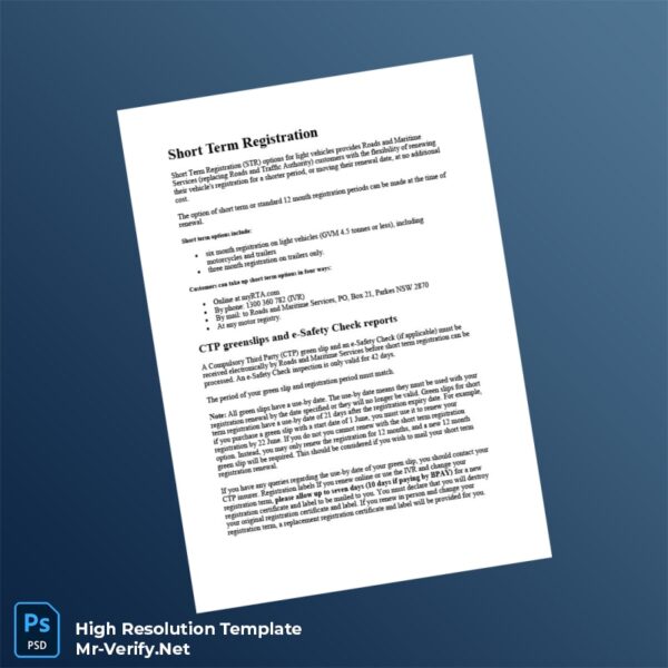 Editable Australia Roads and Maritime Services Short Term Vehicle Registration Word and Pdf Template Preview - Mac Doc