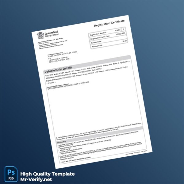 Australia Vehicle Registration Certificate Template in Word and PDF formats