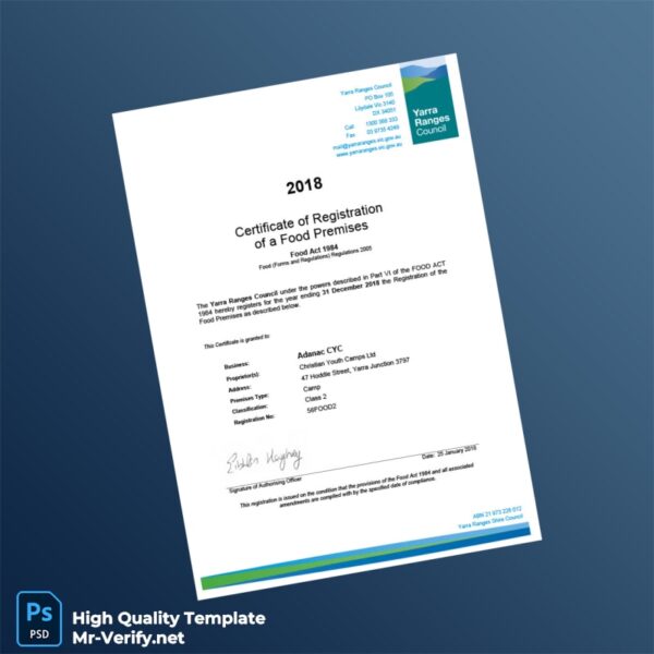 Australia Yarra Ranges Council Food Registration Certificate Template in Word and PDF formats Australia Yarra Ranges Council Food Registration Certificate Template in Word and PDF formats