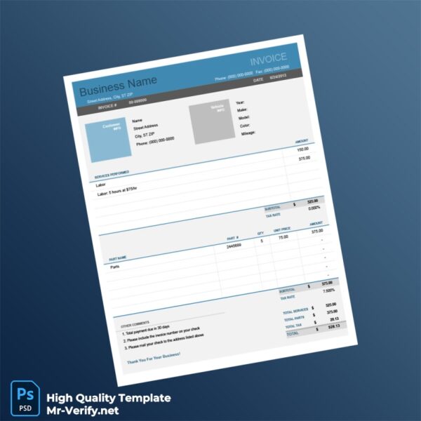 Auto Repair Invoice Template in Word and PDF formats