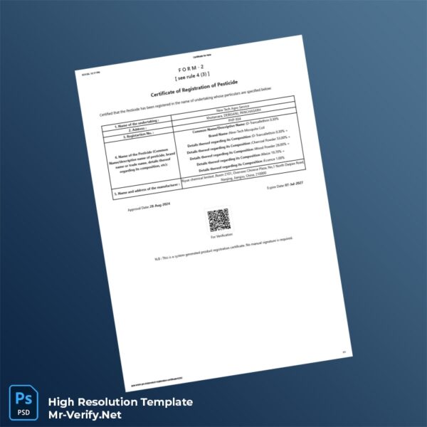 Editable Bangladesh Agriculture Ministry Product Registration Certificate Word and Pdf Template Preview - Mac Doc