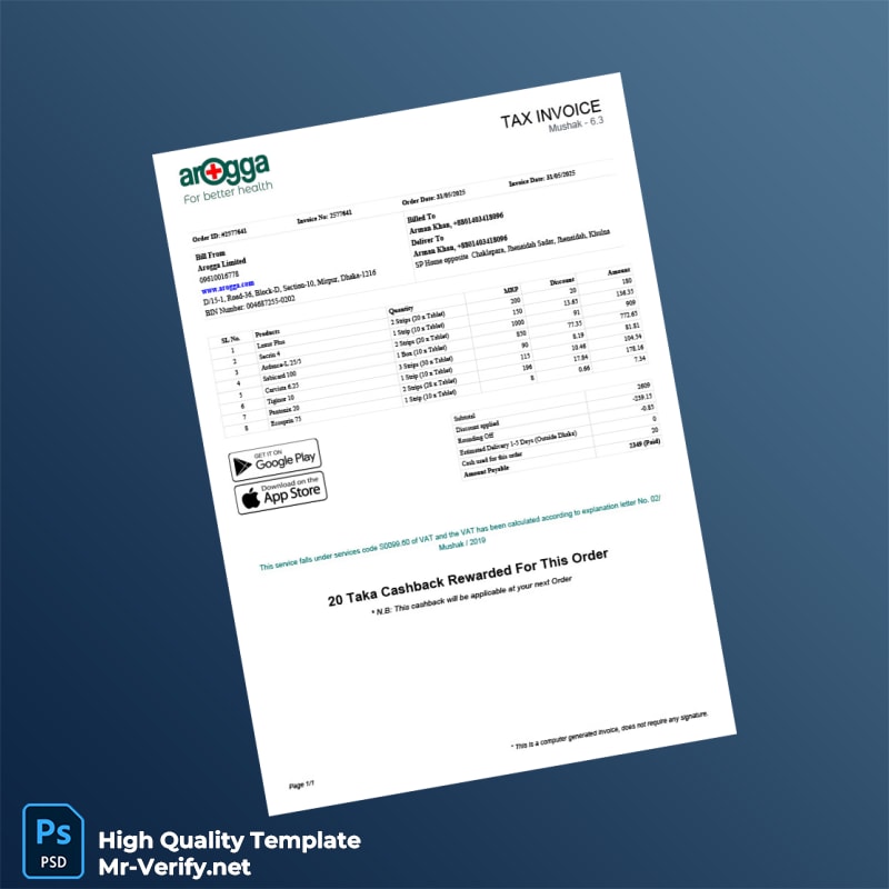 Bangladesh Arogga Limited Tax Invoice Template in Word and PDF formats Bangladesh Arogga Limited Tax Invoice Template in Word and PDF formats