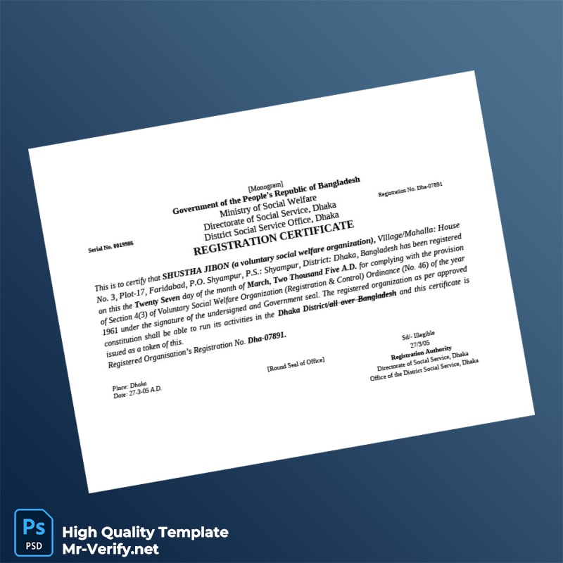 Bangladesh Directorate of Social Service Registration Certificate Template in Word and PDF formats Bangladesh Directorate of Social Service Registration Certificate Template in Word and PDF formats