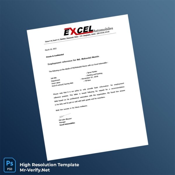 Editable Bangladesh Excel Automobiles Employment Verification Letter Word and Pdf Template Preview - Mac Doc
