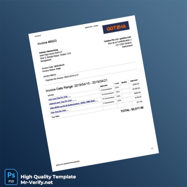 Bangladesh Gotzha Pte Ltd Invoice Template in Word and PDF formats