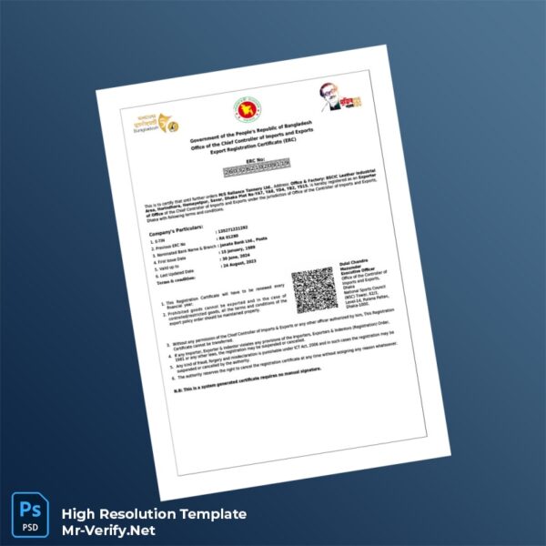 Editable Bangladesh Government Export Registration Certificate Word and Pdf Template Preview - Mac Doc