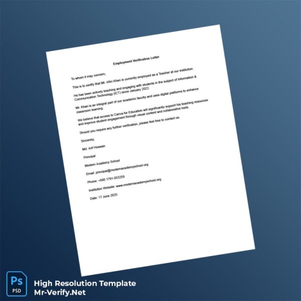 Editable Bangladesh Modern Academy School Employment Verification Letter Word and Pdf Template Preview - Mac Doc
