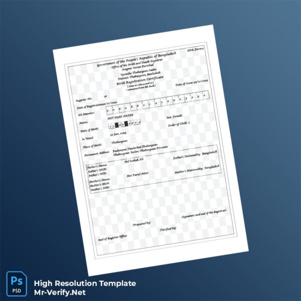 Editable Bangladesh Office of the Birth and Death Registrar Birth Registration Certificate Word and Pdf Template Preview - Mac Doc