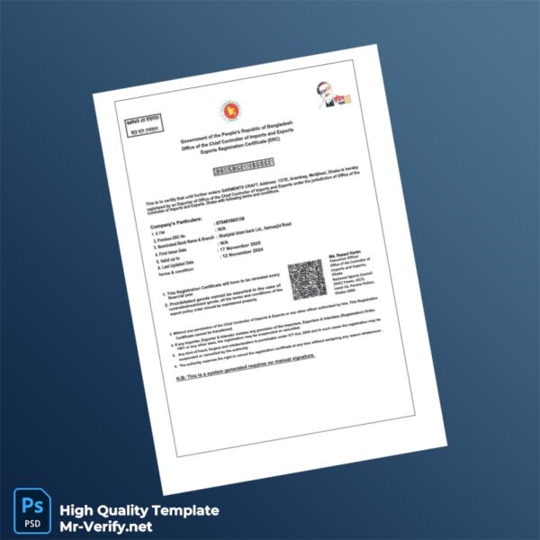 Bangladesh Office of the Chief Controller of Imports and Exports Export Registration Certificate Template in Word and PDF format
