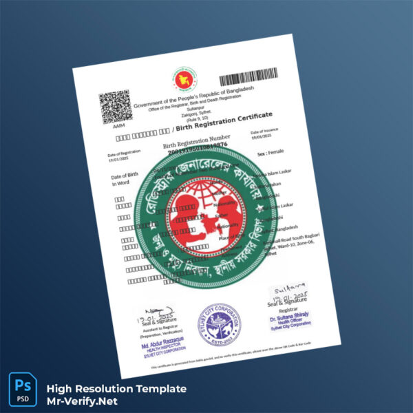 Editable Bangladesh Office of the Registrar Birth Registration Certificate Word and Pdf Template Preview - Mac Doc