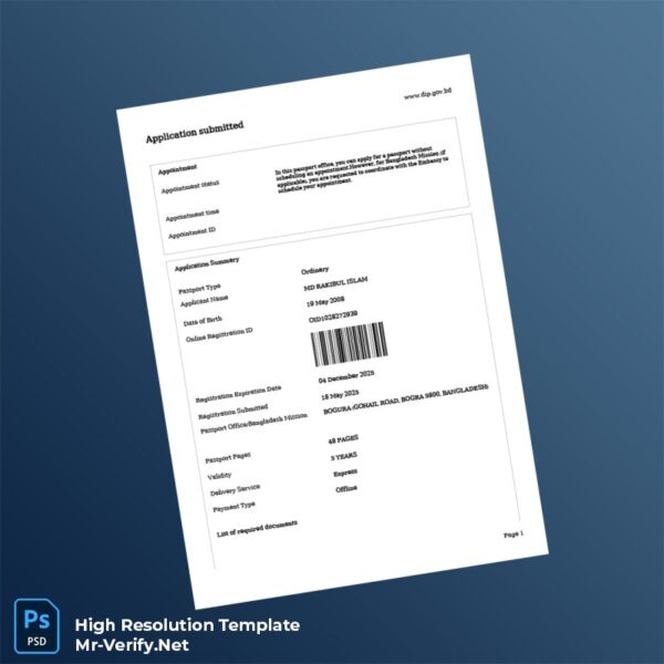 Editable Bangladesh Passport Registration Certificate Word and Pdf Template Preview - Mac Doc