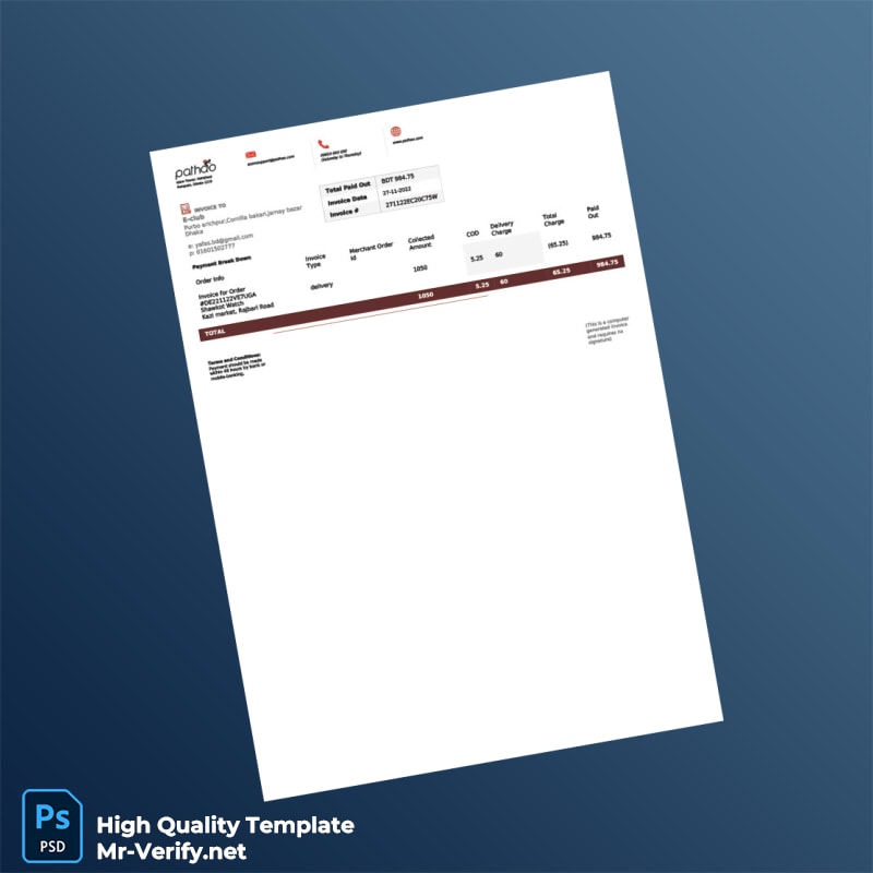 Bangladesh Pathao Invoice Template in Word and PDF formats Bangladesh Pathao Invoice Template in Word and PDF formats