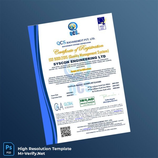 Editable Bangladesh QCS Management Pvt Ltd Certificate of Registration Word and Pdf Template Preview - Mac Doc