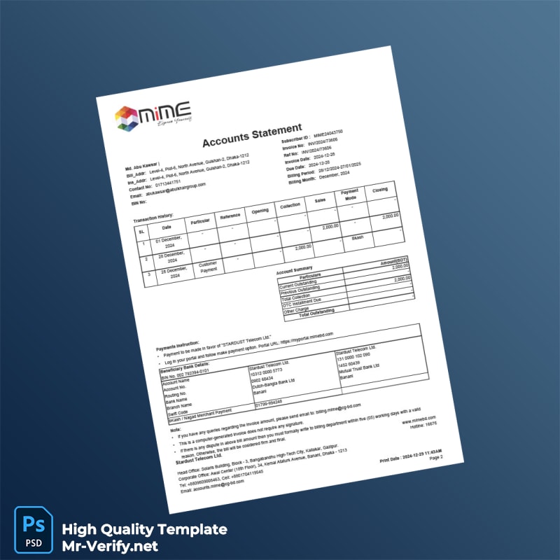 Bangladesh Stardust Telecom Ltd Invoice Template in Word and PDF formats page 2 Bangladesh Stardust Telecom Ltd Invoice Template in Word and PDF formats page 2