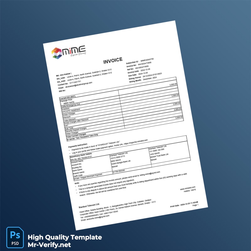 Bangladesh Stardust Telecom Ltd Invoice Template in Word and PDF formats Bangladesh Stardust Telecom Ltd Invoice Template in Word and PDF formats