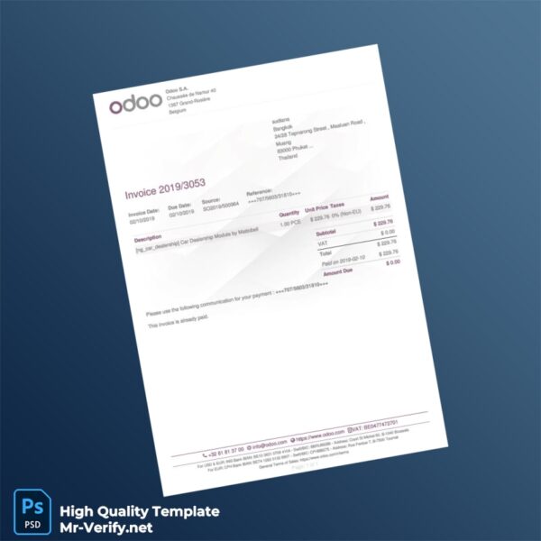 Belgium Odoo S A Invoice Template in Word and PDF formats