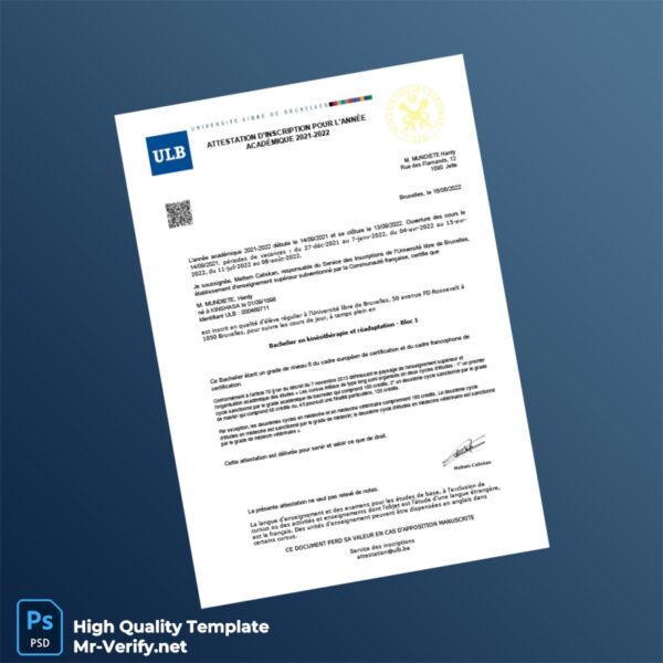 Belgium Université libre de Bruxelles Registration Certificate Template in Word and PDF formats
