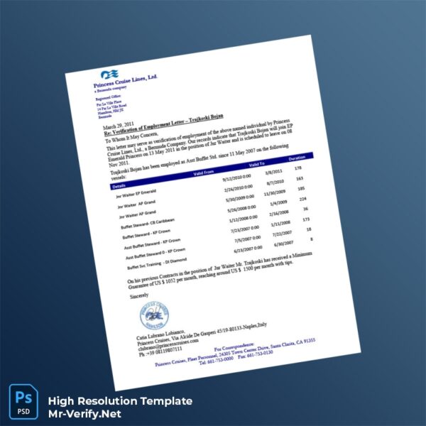Editable Bermuda Princess Cruises Proof of Employment Letter Word and Pdf Template Preview - Mac Doc