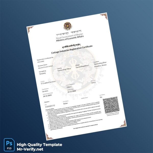 Bhutan Ministry of Economic Affairs Cottage Industry Registration Certificate Template in Word and PDF formats