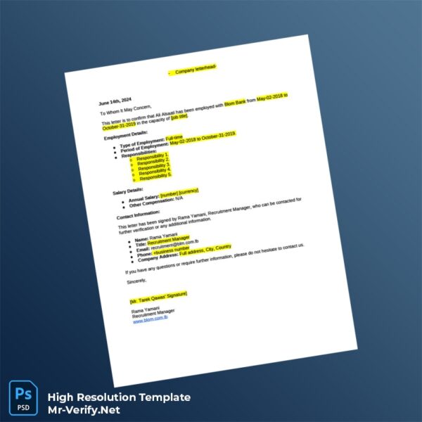 Editable Blom Bank Employment Verification Letter Word and Pdf Template Preview - Mac Doc