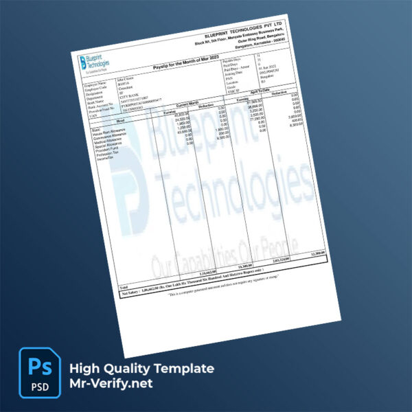 Blueprint Technologies PVT LTD payslip word and pdf template