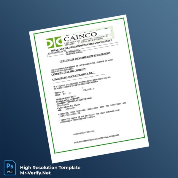 Editable Bolivia Departmental Chamber of Industry and Commerce Business Registration Certificate Word and Pdf Template Preview