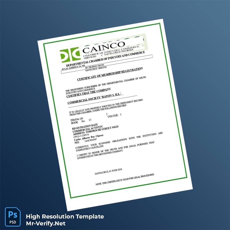 Bolivia%20Departmental%20Chamber%20of%20Industry%20and%20Commerce%20Business%20Registration%20Certificate%20Template%20in%20Word%20and%20PDF%20formats Editable Bolivia Departmental Chamber of Industry and Commerce Business Registration Certificate Word and Pdf Template Preview