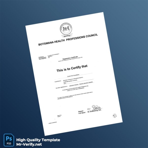 Botswana Health Professions Council Registration Certificate Template in Word and PDF formats
