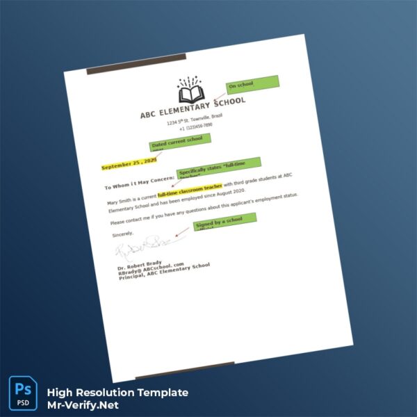 Editable Brazil ABC Elementary School Employment Verification Letter Word and Pdf Template Preview - Mac Doc