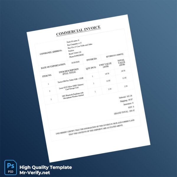 Brazil Commercial Invoice Template in Word and PDF formats