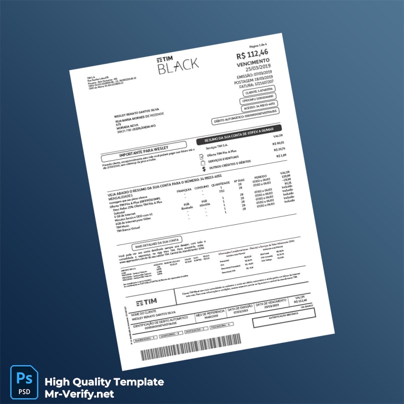 Brazil TIM Invoice Template in Word and PDF formats Brazil TIM Invoice Template in Word and PDF formats