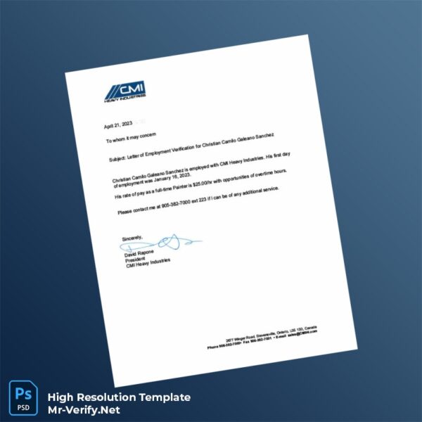 Editable Canada CMI Heavy Industries Employment Verification Letter Word and Pdf Template Preview - Mac Doc