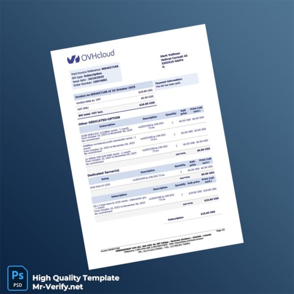 Canada Hebegement OVH Invoice Template in Word and PDF formats