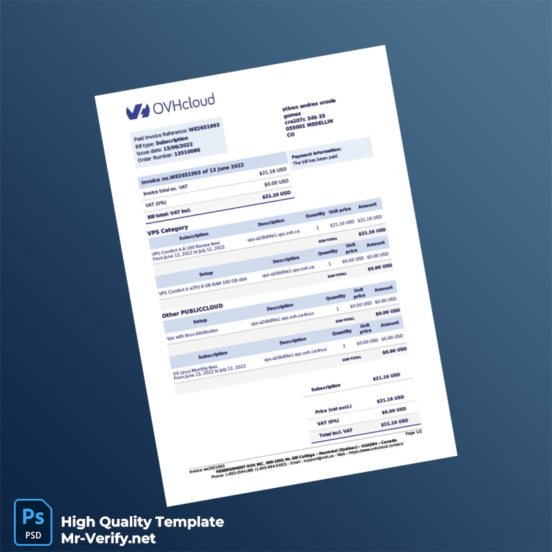 Canada OVH Cloud Invoice Template in Word and PDF formats Canada OVH Cloud Invoice Template in Word and PDF formats